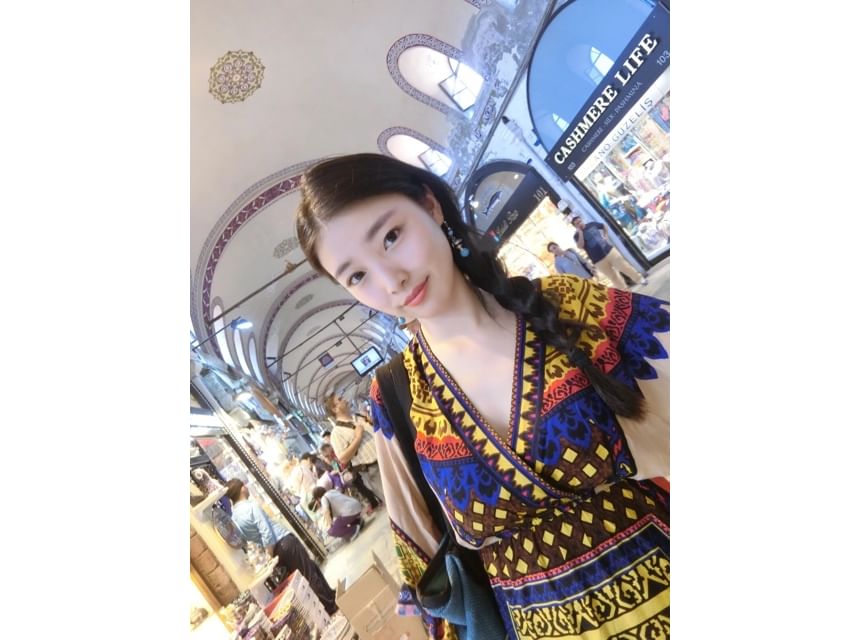 Elbow-Sleeve V-Neck Patterned Print Maxi A-Line Dress