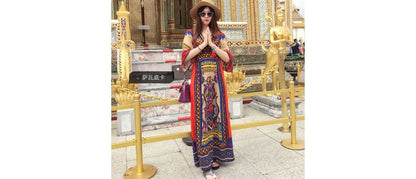 Elbow-Sleeve V-Neck Patterned Print Maxi A-Line Dress