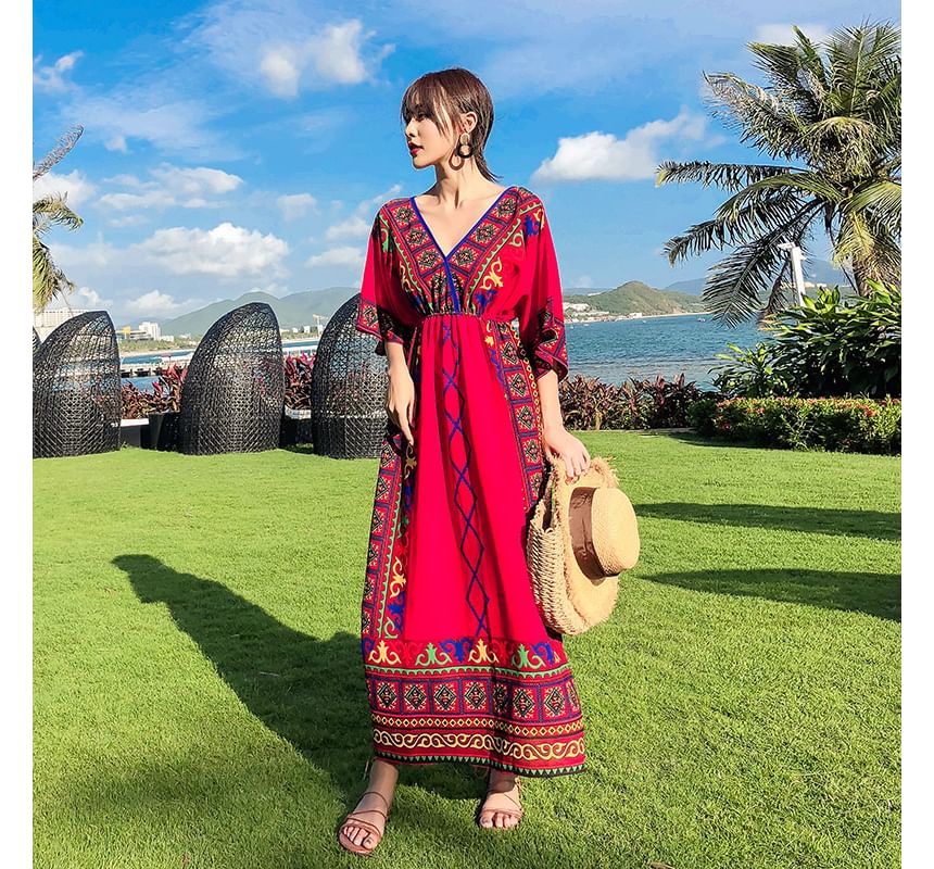 Elbow-Sleeve V-Neck Patterned Print Maxi A-Line Dress