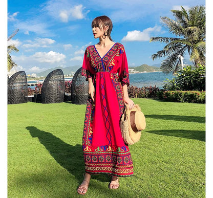 Elbow-Sleeve V-Neck Patterned Print Maxi A-Line Dress