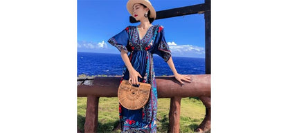 Elbow-Sleeve V-Neck Patterned Print Maxi A-Line Dress