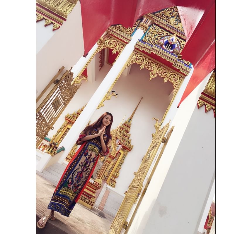 Elbow-Sleeve V-Neck Patterned Print Maxi A-Line Dress