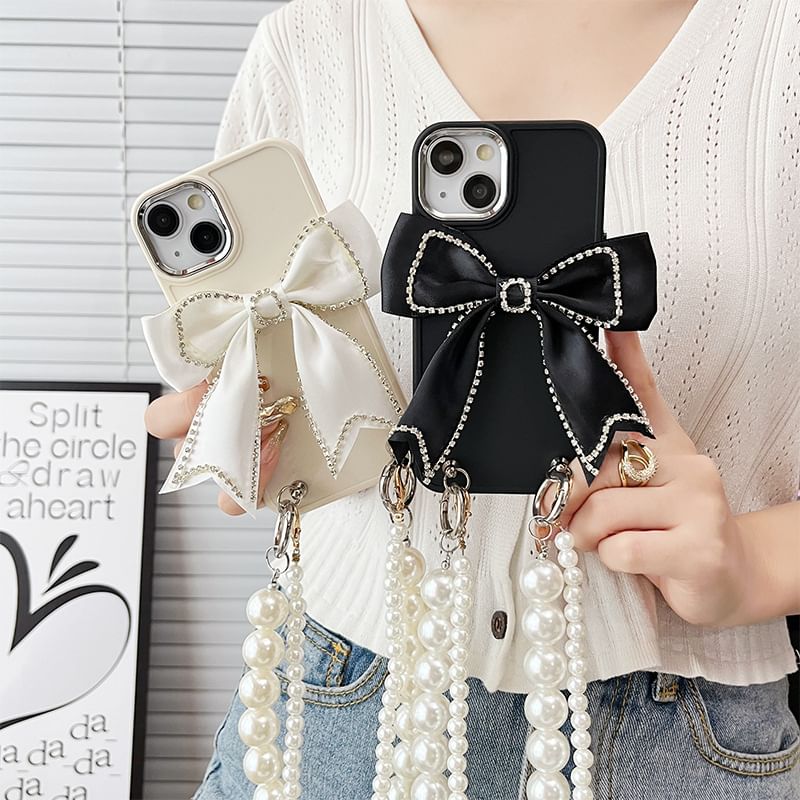 Phone Bow Faux Case Pearl Lanyard