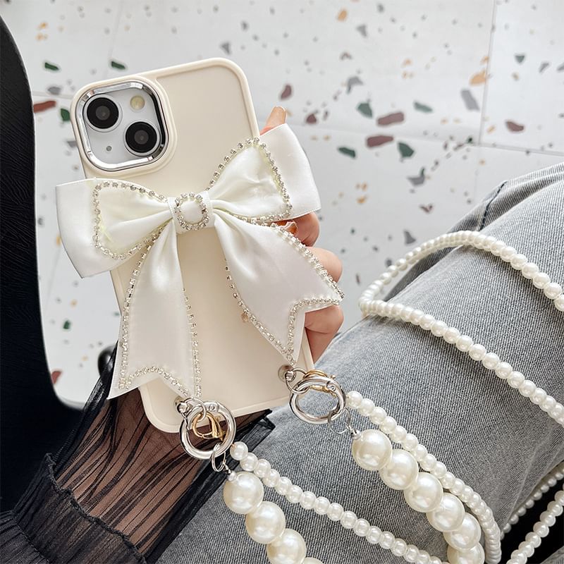 Phone Bow Faux Case Pearl Lanyard