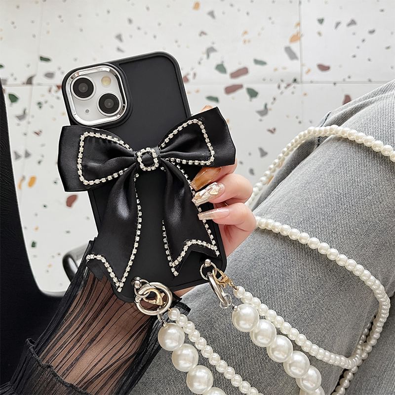 Phone Bow Faux Case Pearl Lanyard