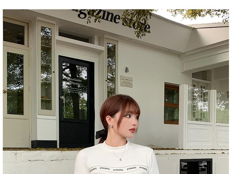 Long-Sleeve Mock Neck Lettering Print T-Shirt