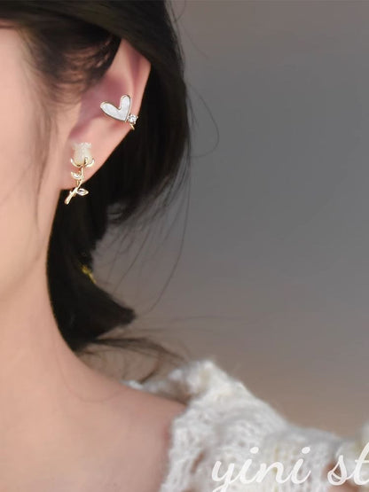 Rose Rhinestone Stud Alloy Heart Asymmetrical Earring