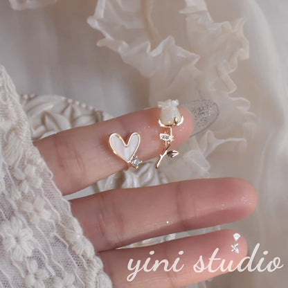 Rose Rhinestone Stud Alloy Heart Asymmetrical Earring