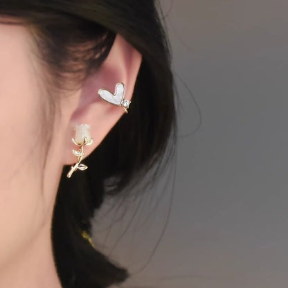 Rose Rhinestone Stud Alloy Heart Asymmetrical Earring