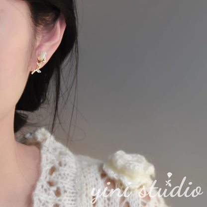 Rose Rhinestone Stud Alloy Heart Asymmetrical Earring