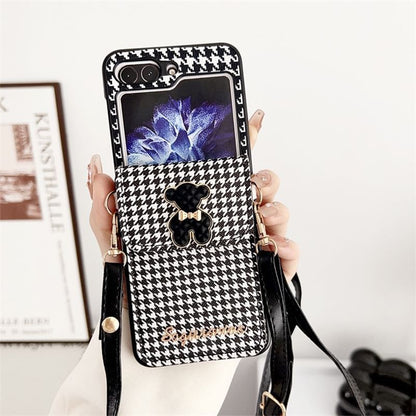 Faux Phone Pearl Cat Houndstooth Lanyard Case