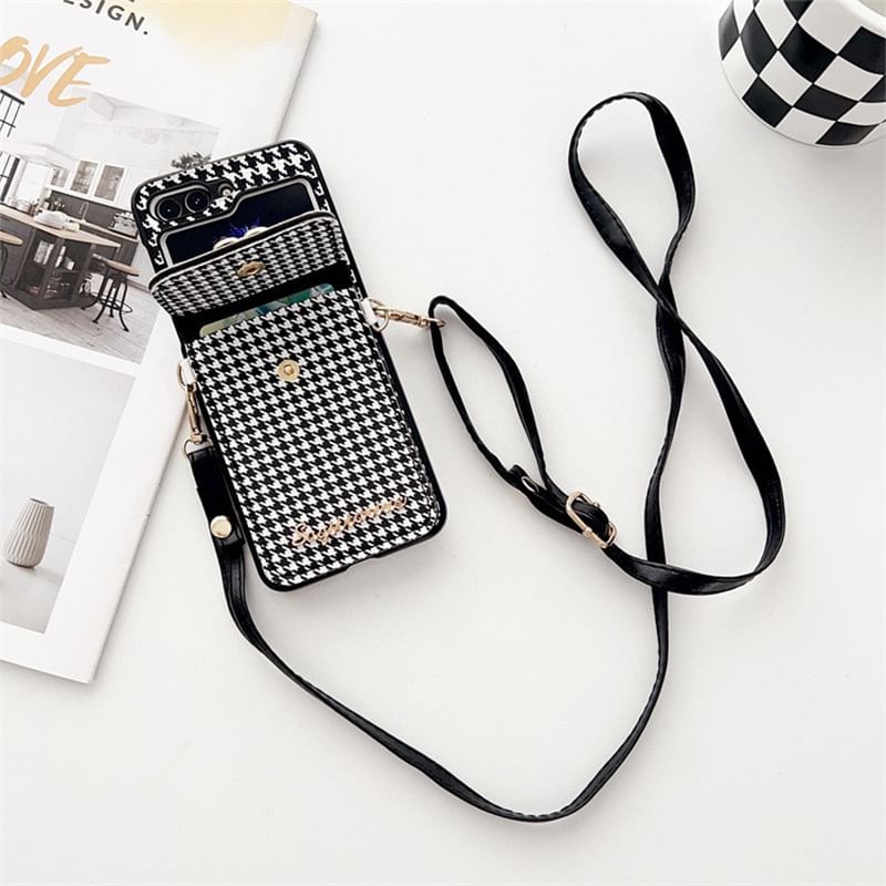Faux Phone Pearl Cat Houndstooth Lanyard Case
