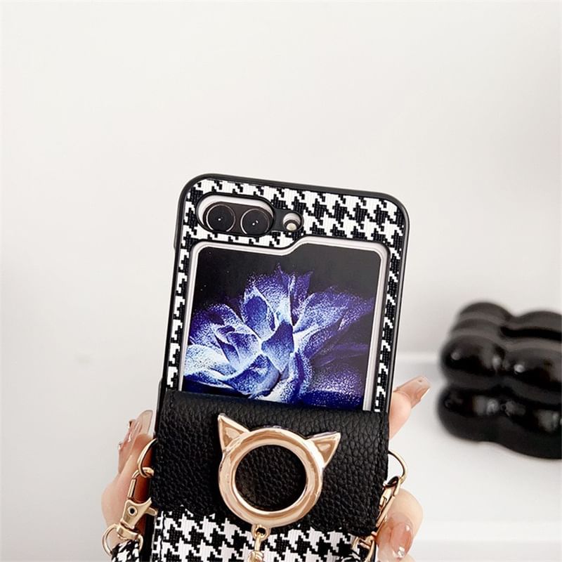 Faux Phone Pearl Cat Houndstooth Lanyard Case