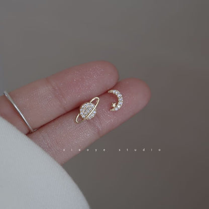 Earring Rhinestone Moon Sterling Silver Stud Asymmetrical