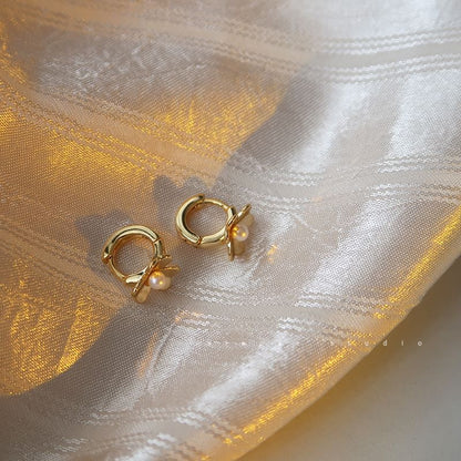 Pearl Silver Earring Huggie Faux Sterling Flower