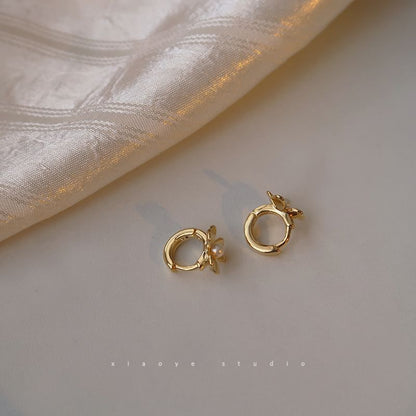 Pearl Silver Earring Huggie Faux Sterling Flower