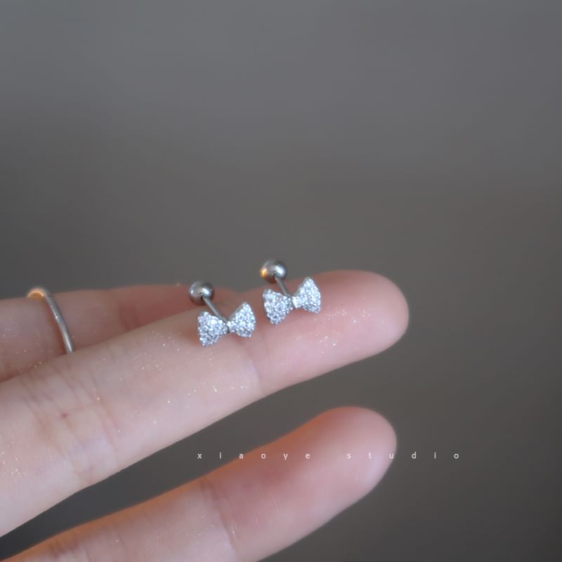 Earring Rhinestone Silver Barbell Bow Sterling