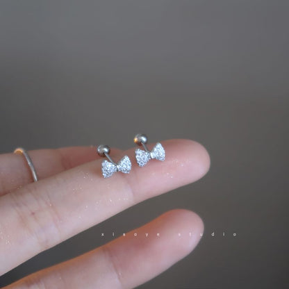 Earring Rhinestone Silver Barbell Bow Sterling