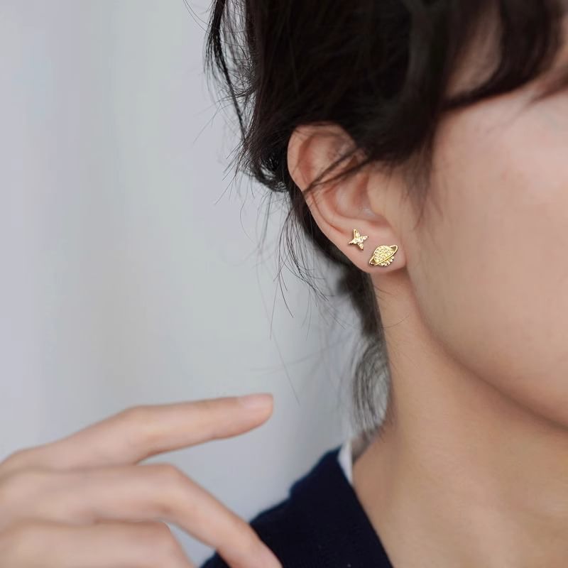 Barbell Star Asymmetrical Rhinestone Sterling Silver Earring