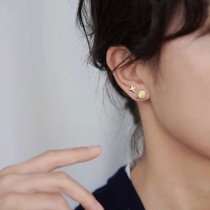 Barbell Star Asymmetrical Rhinestone Sterling Silver Earring