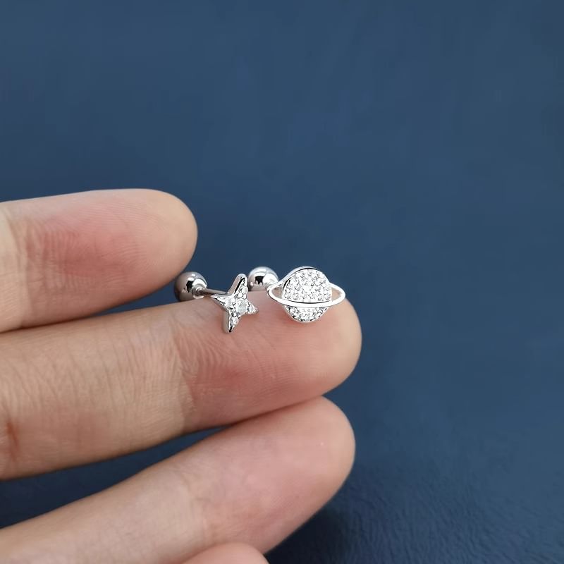 Barbell Star Asymmetrical Rhinestone Sterling Silver Earring