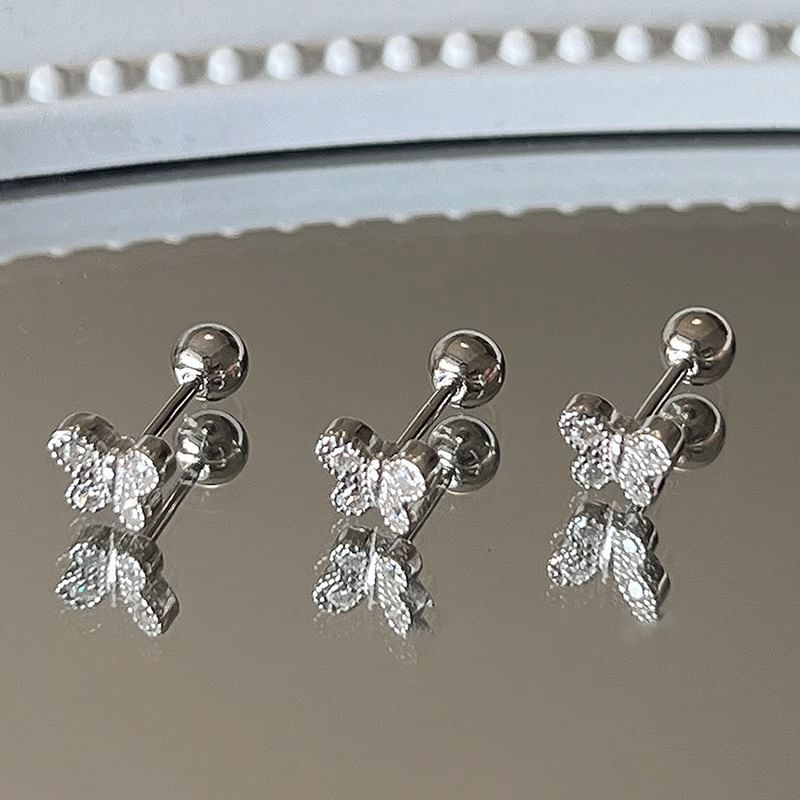 Rhinestone Sterling Silver Barbell Earring Butterfly
