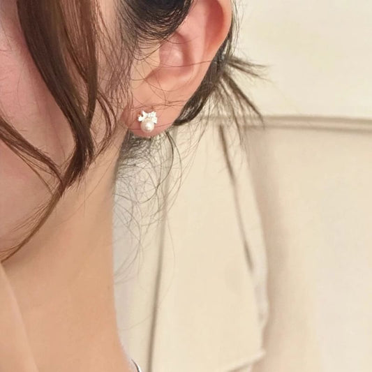 Silver Barbell Sterling Bow Earring Pearl Faux