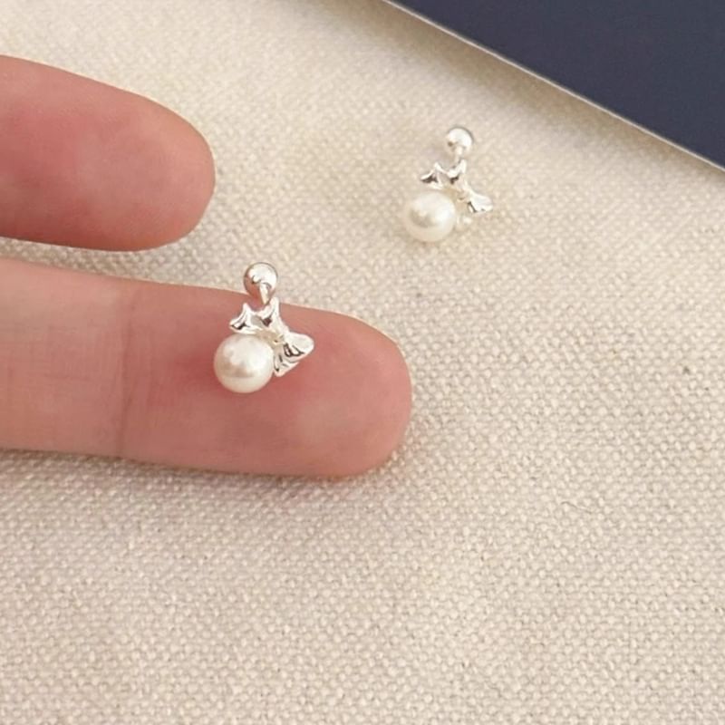 Silver Barbell Sterling Bow Earring Pearl Faux