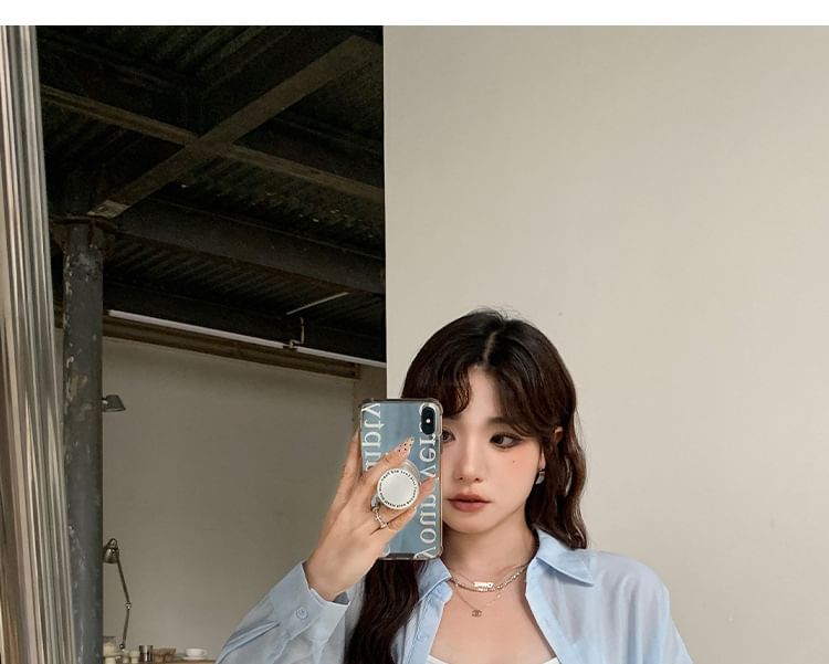 Long-Sleeve Plain Shirt / Mini Skirt / Lettering Camisole Top / Set