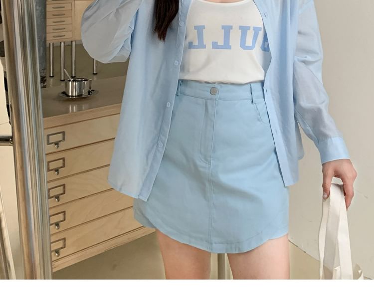 Long-Sleeve Plain Shirt / Mini Skirt / Lettering Camisole Top / Set
