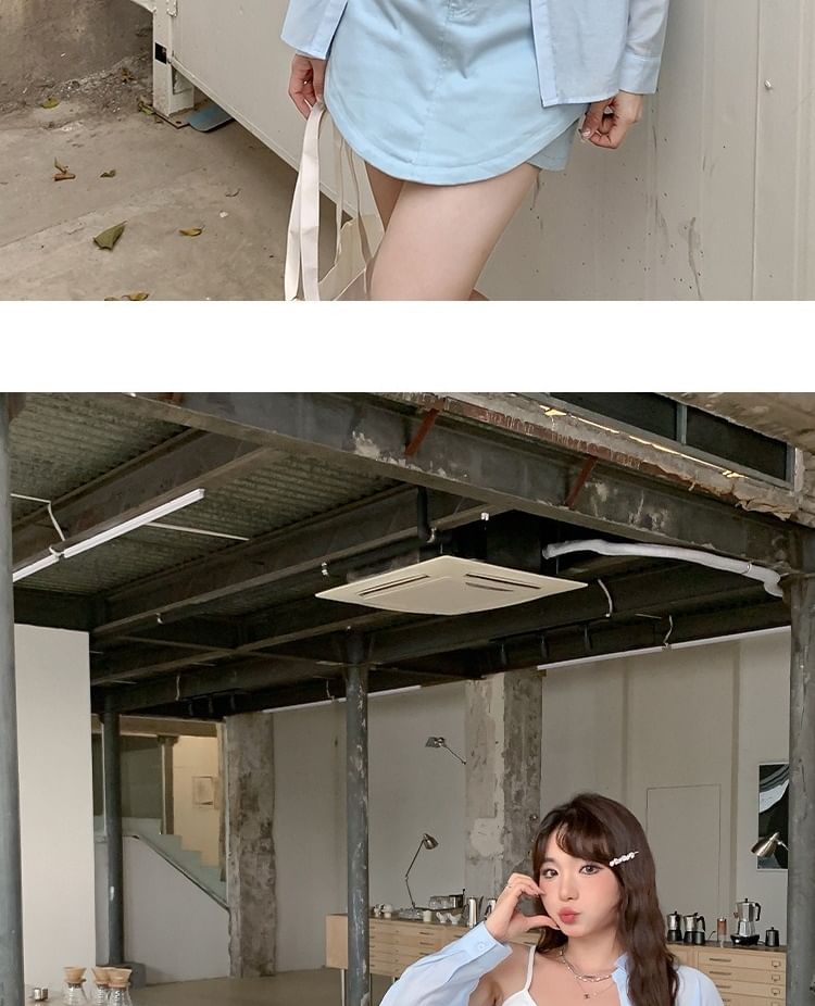 Long-Sleeve Plain Shirt / Mini Skirt / Lettering Camisole Top / Set