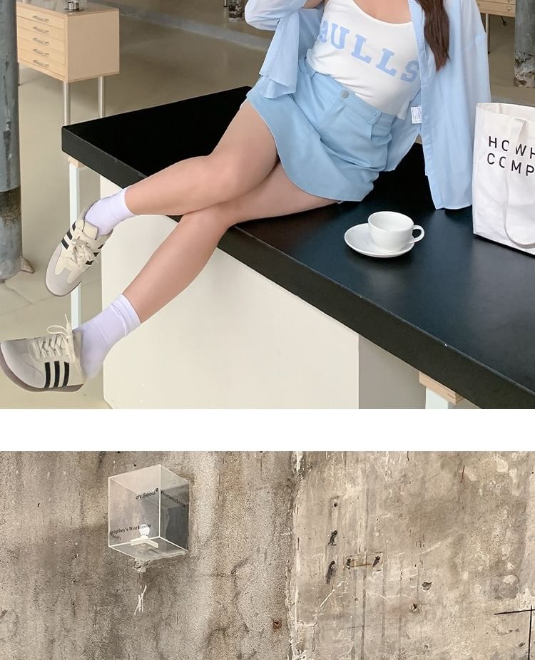 Long-Sleeve Plain Shirt / Mini Skirt / Lettering Camisole Top / Set