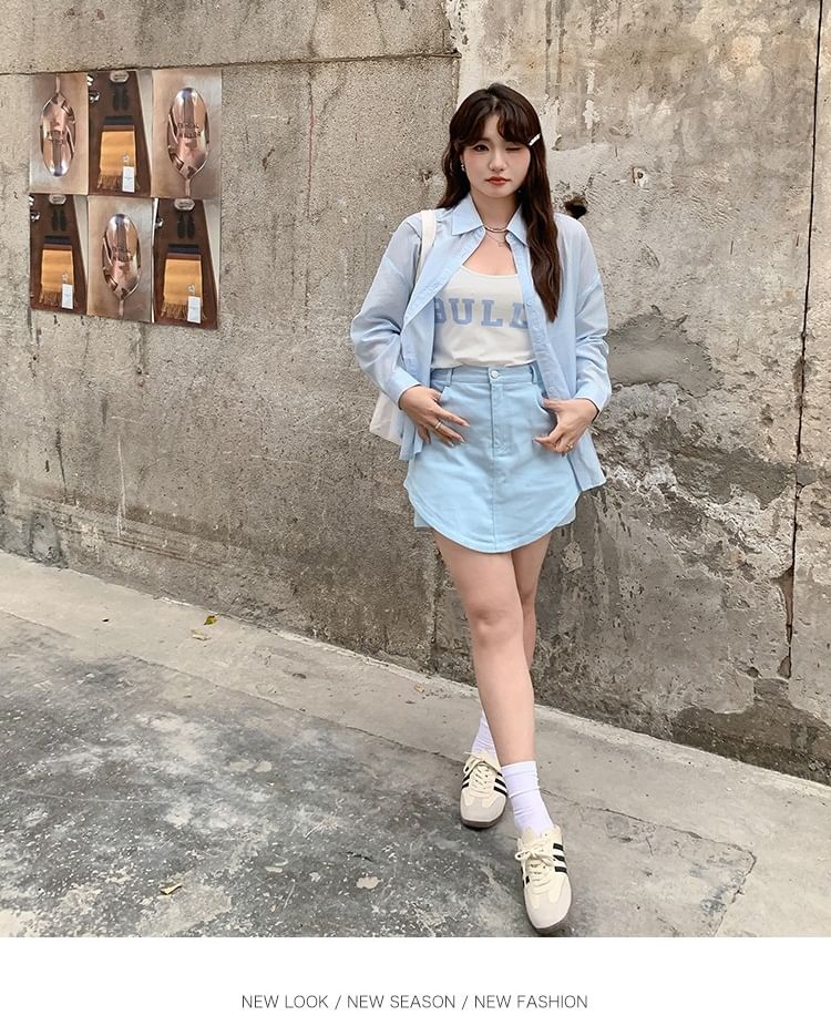 Long-Sleeve Plain Shirt / Mini Skirt / Lettering Camisole Top / Set