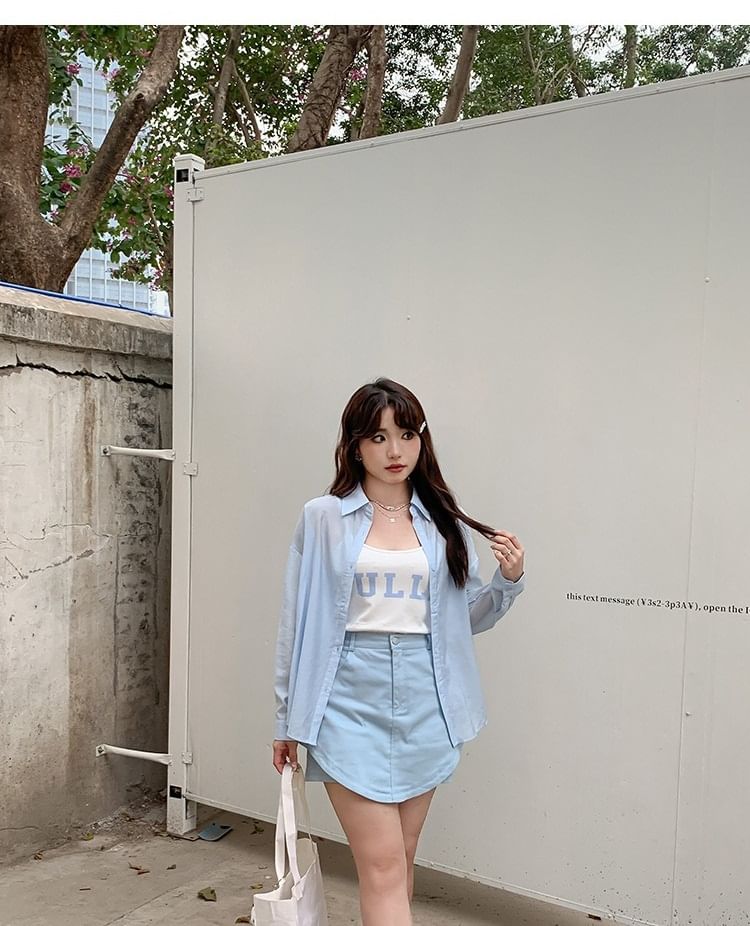Long-Sleeve Plain Shirt / Mini Skirt / Lettering Camisole Top / Set