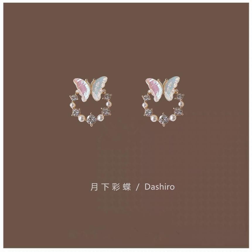 Butterfly Pearl Earring Rhinestone Faux Alloy Stud