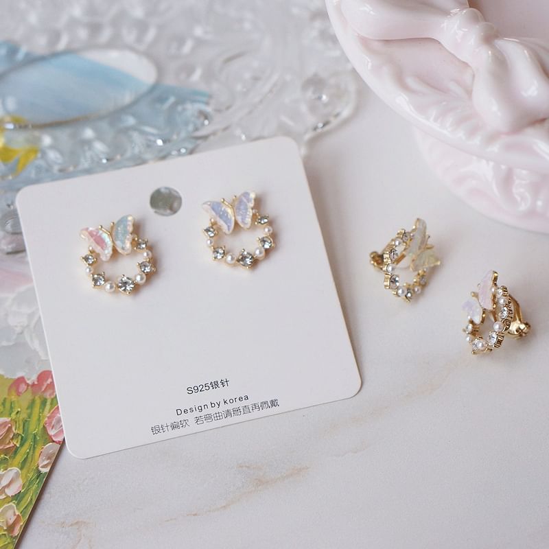 Butterfly Pearl Earring Rhinestone Faux Alloy Stud