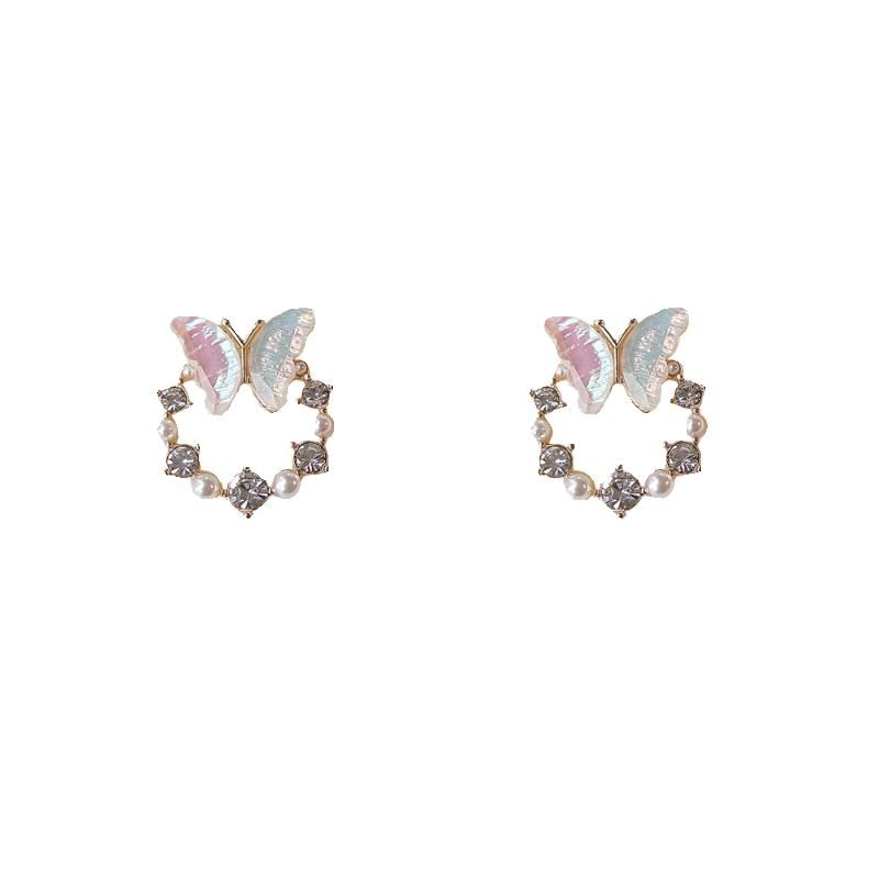 Butterfly Pearl Earring Rhinestone Faux Alloy Stud