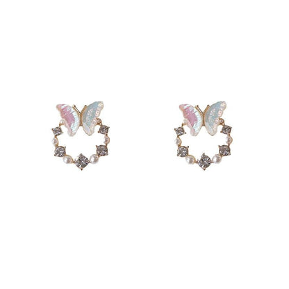 Butterfly Pearl Earring Rhinestone Faux Alloy Stud
