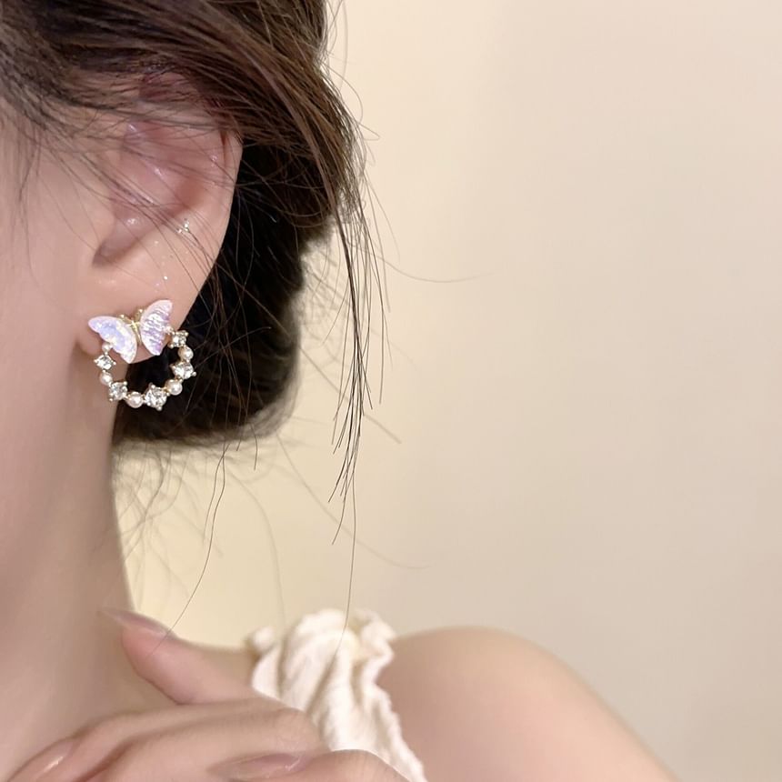 Butterfly Pearl Earring Rhinestone Faux Alloy Stud