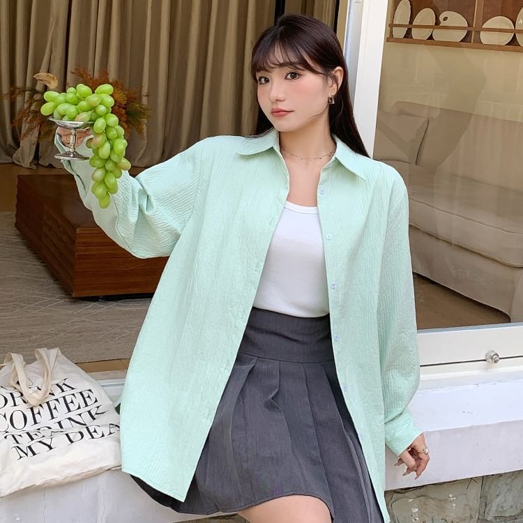 Long-Sleeve Collared Plain Shirt