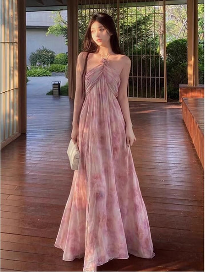 Robe longue fleurie à col licou A