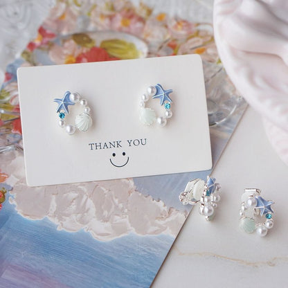 Shell Alloy Stud Earring Faux Starfish Pearl