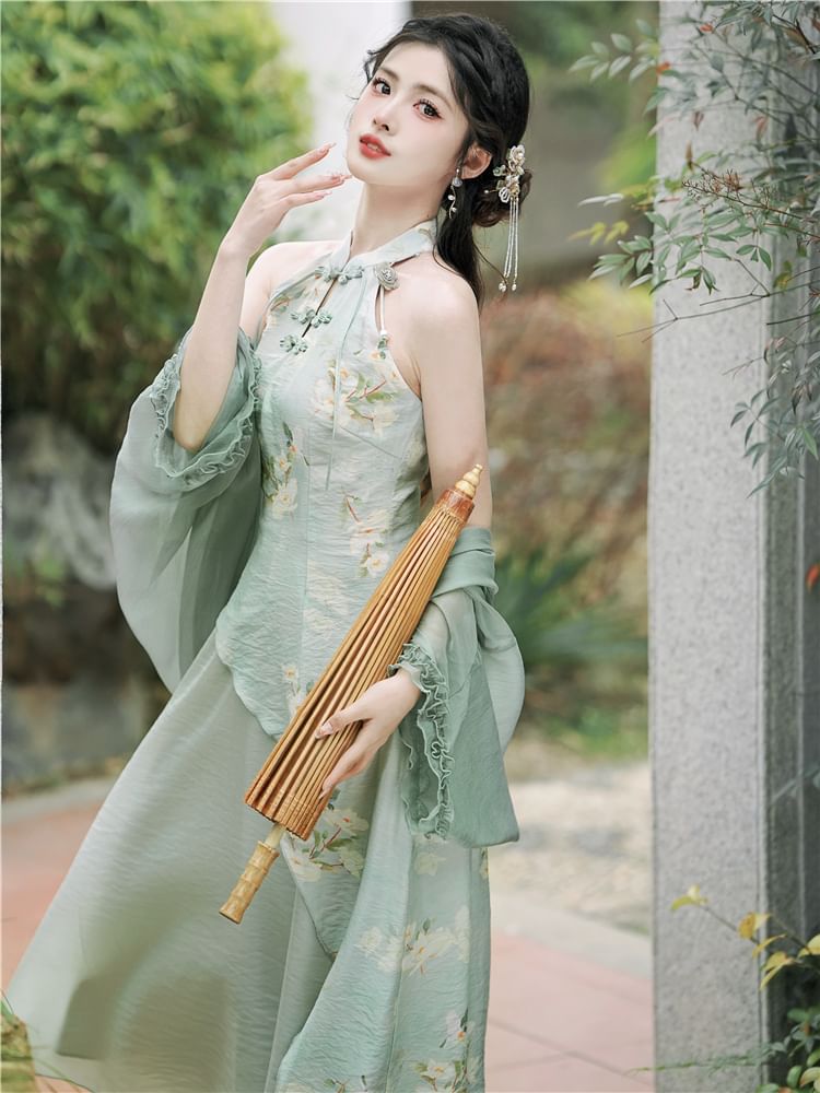 Sleeveless Halter Floral Asymmetrical Midi A-Line Qipao / Plain Light Jacket / Set