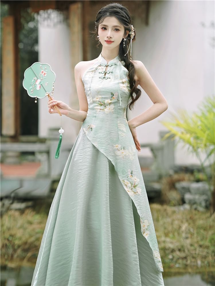 Sleeveless Halter Floral Asymmetrical Midi A-Line Qipao / Plain Light Jacket / Set