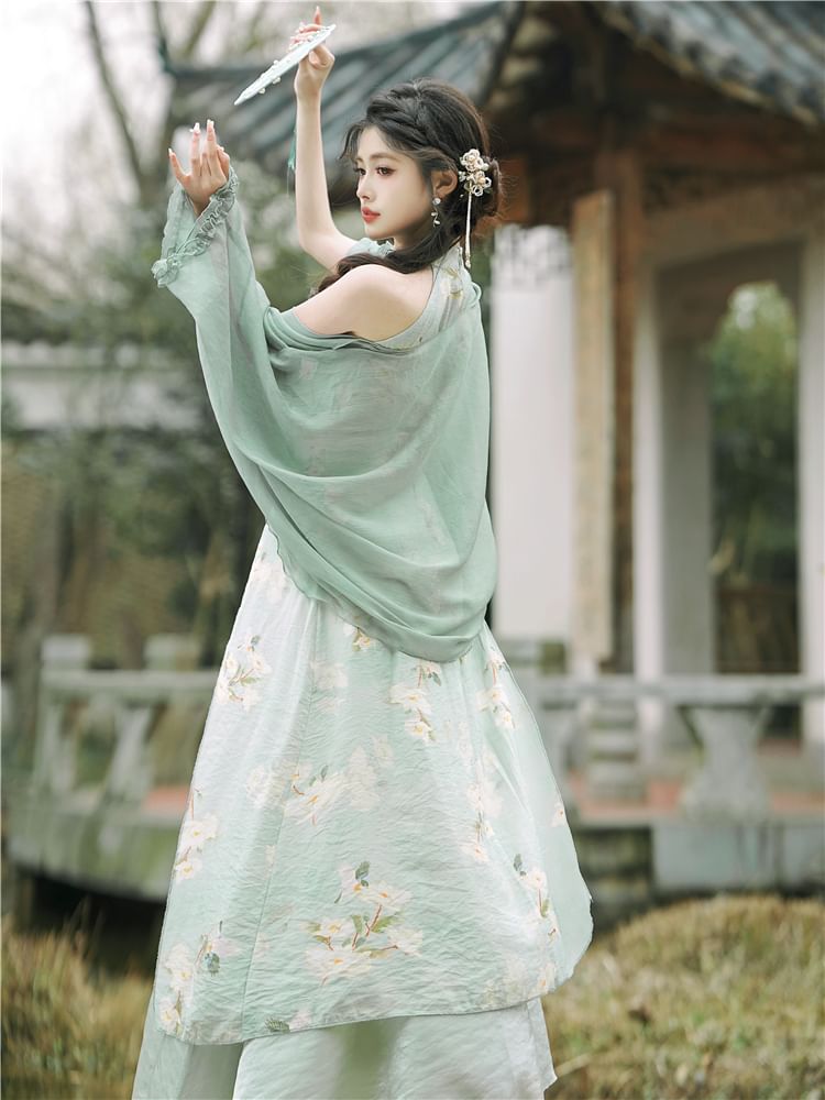 Sleeveless Halter Floral Asymmetrical Midi A-Line Qipao / Plain Light Jacket / Set