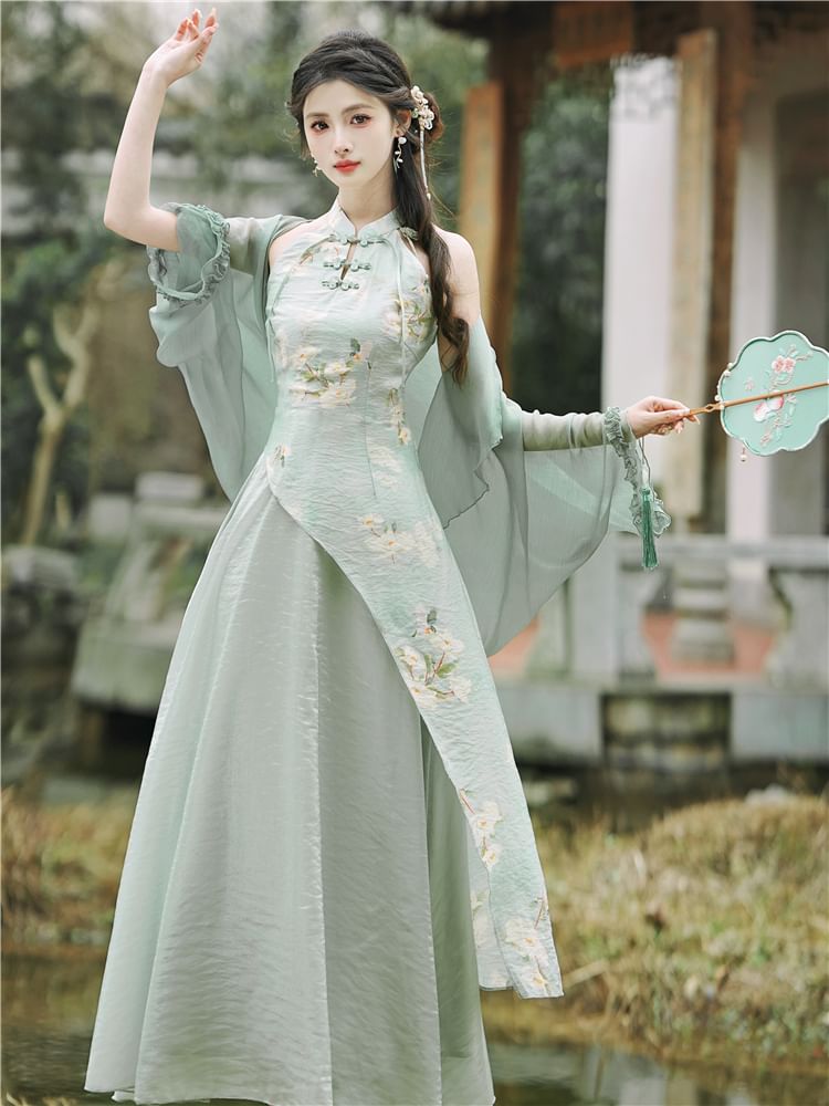 Sleeveless Halter Floral Asymmetrical Midi A-Line Qipao / Plain Light Jacket / Set