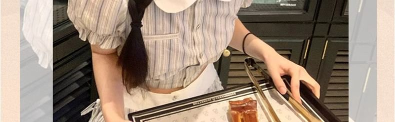 Puff Sleeve Contrast Collar Striped Blouse / High Rise Midi A-Line Skirt / Set