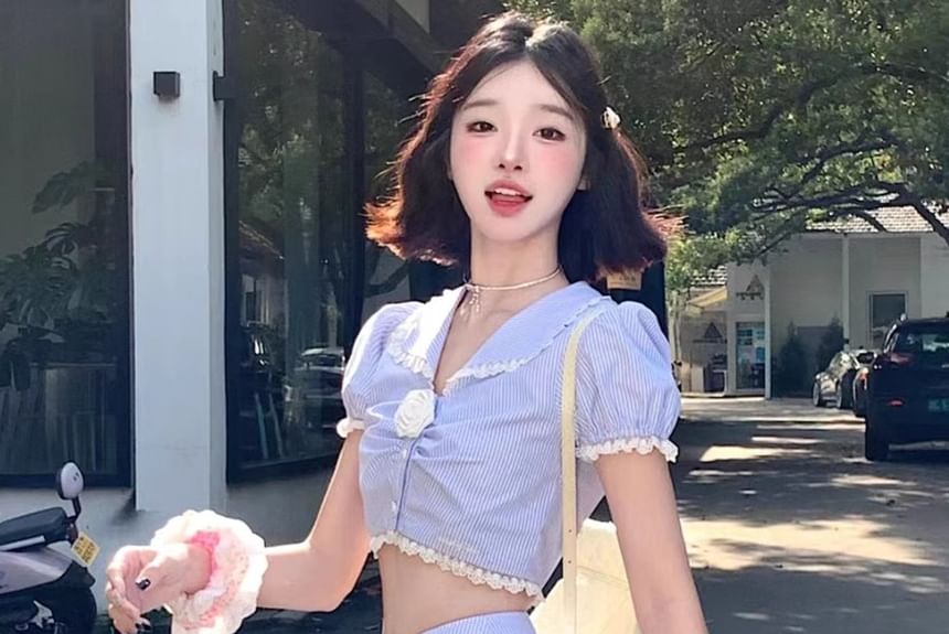 Set: Short-Sleeve Collared Flower Detail Ruched Crop Blouse + High Rise Ruffle Midi A-Line Skirt