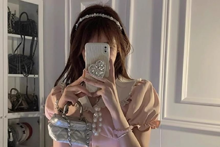 Puff Sleeve Contrast Collar Lace Trim Blouse / High Waist Plain Ruffle Tiered Mini A-Line Skirt / Set