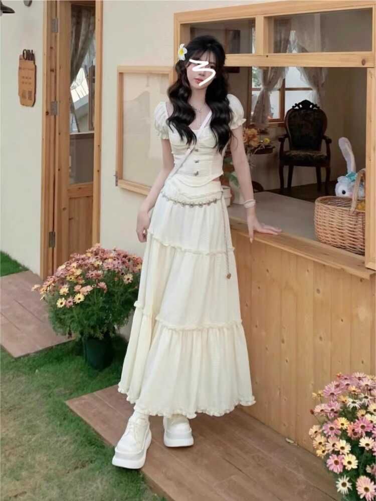 Set: Puff-Sleeve Plain Crop Top + High Waist Ruffle Maxi A-Line Skirt